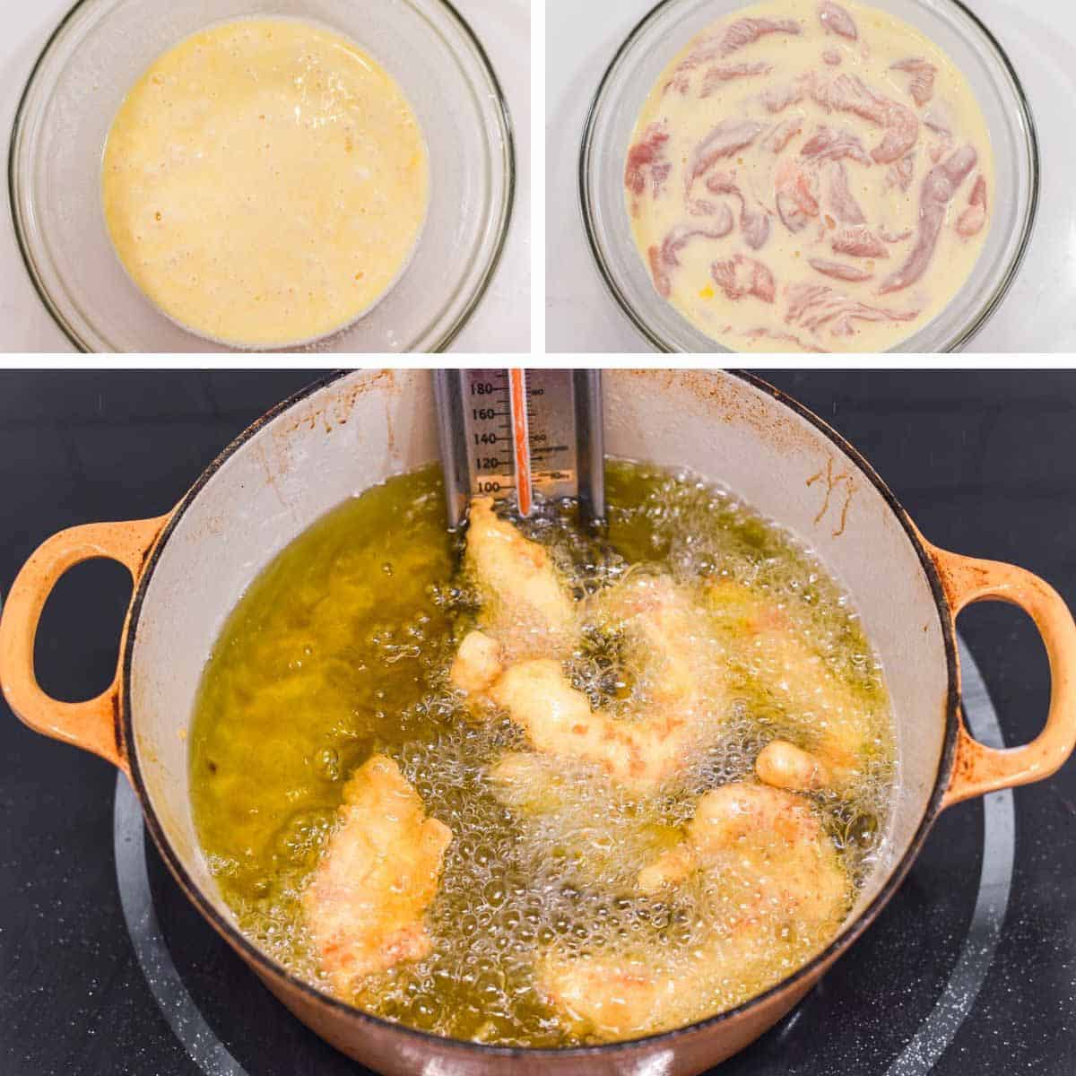 process shots of making tempura batter in bowl, dipping chicken in it and frying in Dutch oven