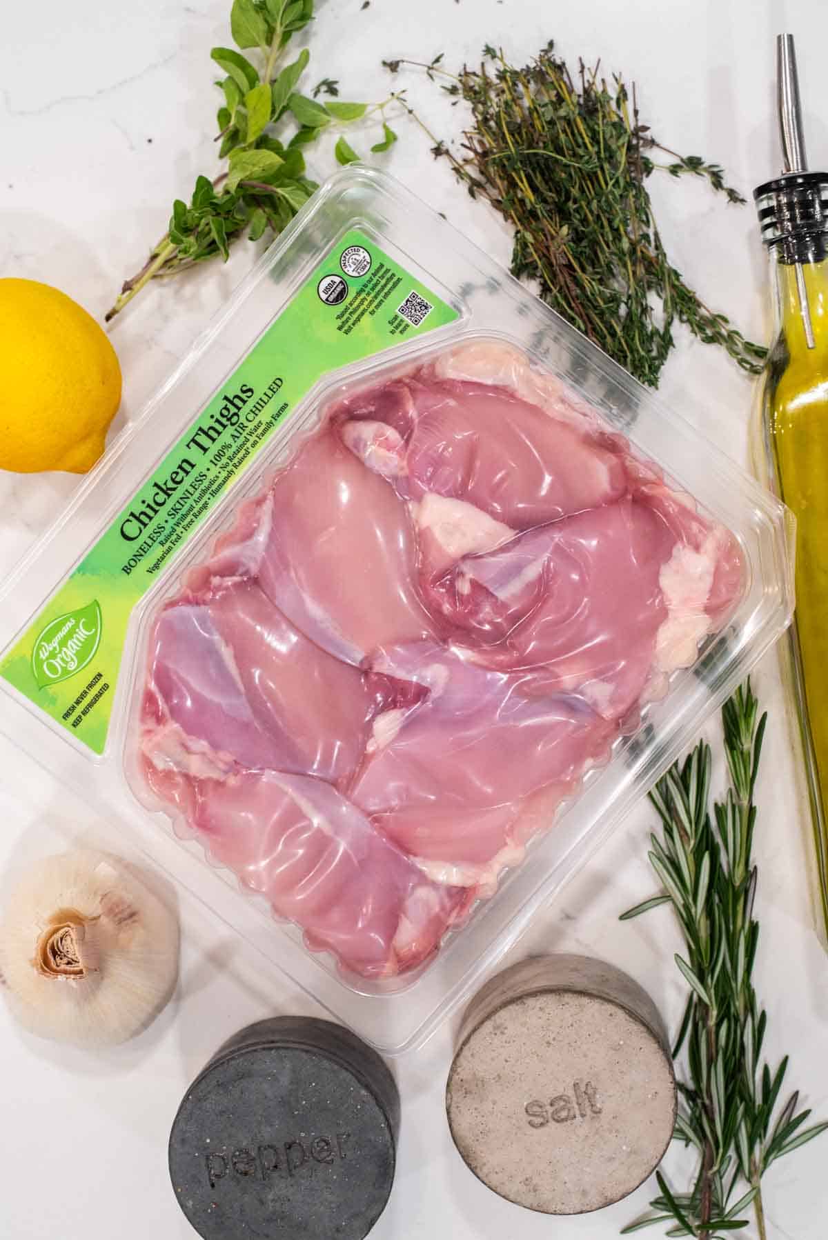 overhead shot ingredients for grilled lemon herb chicken