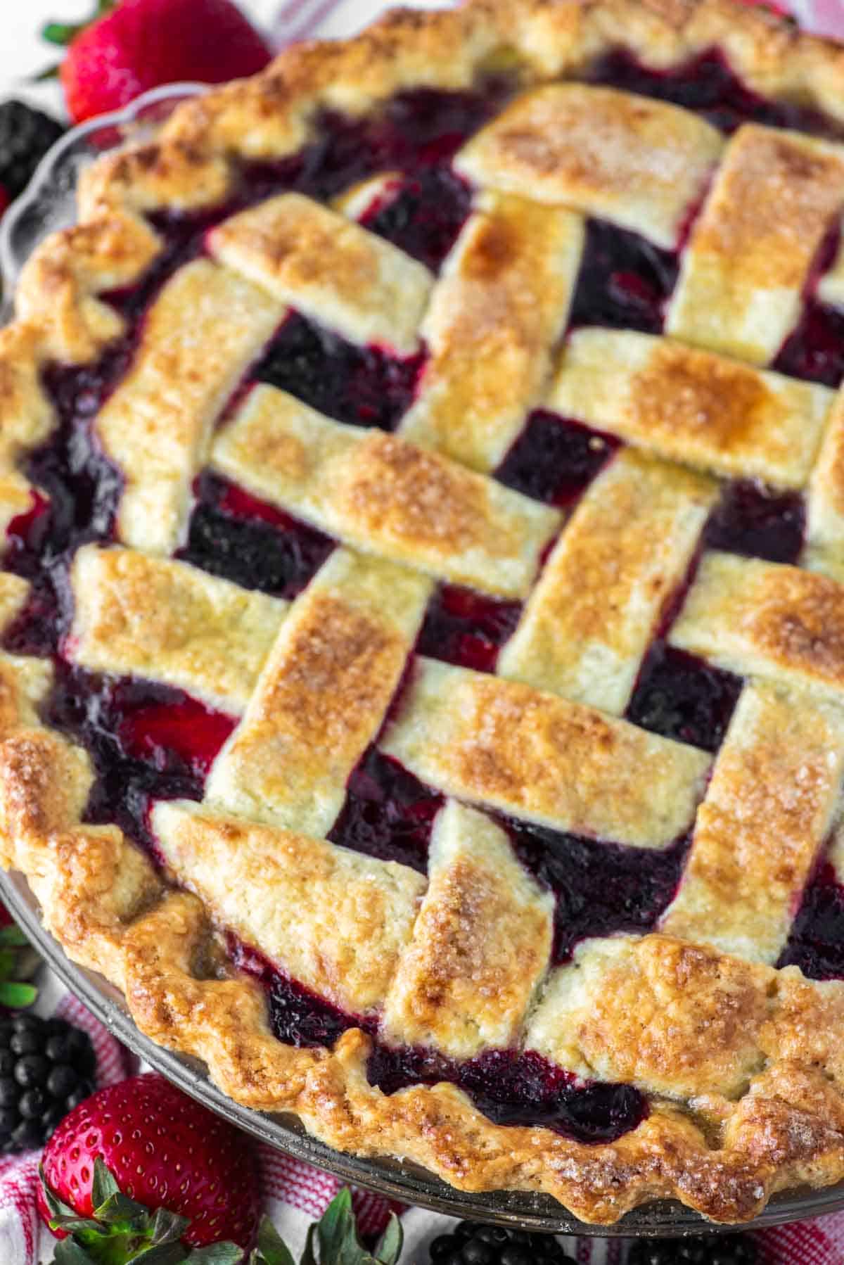 close-up of strawberry blackberry pie in pie dish